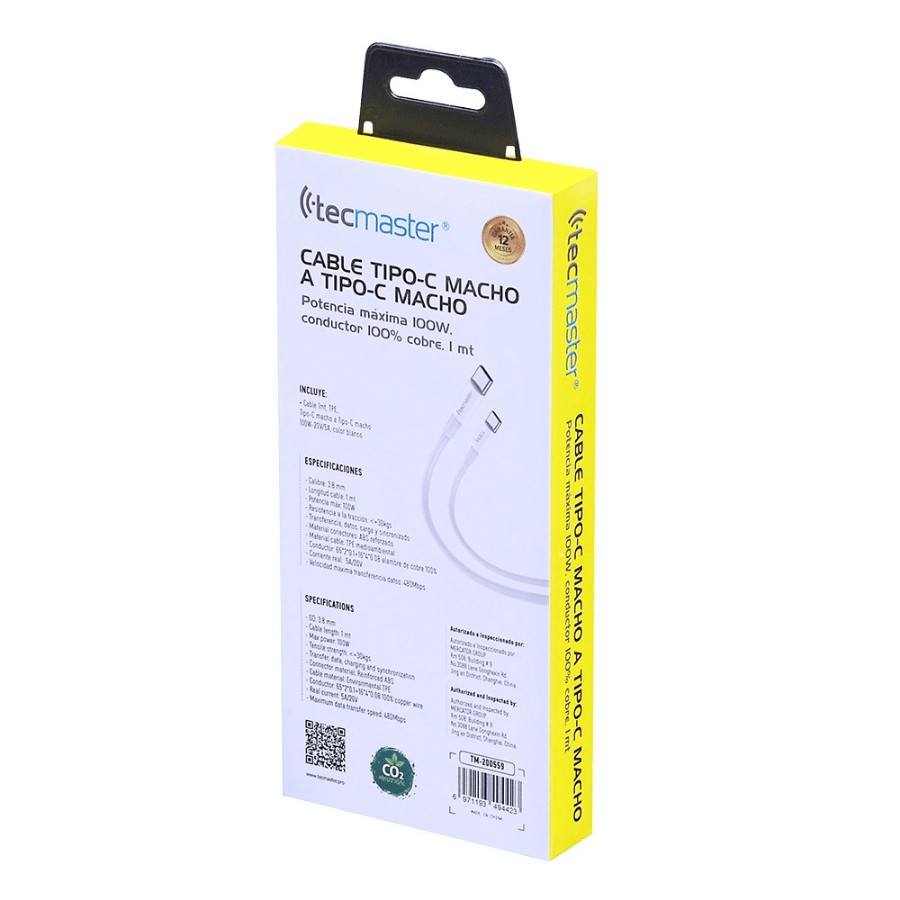 Cable Tecmaster Tipo C Macho a Tipo C Macho